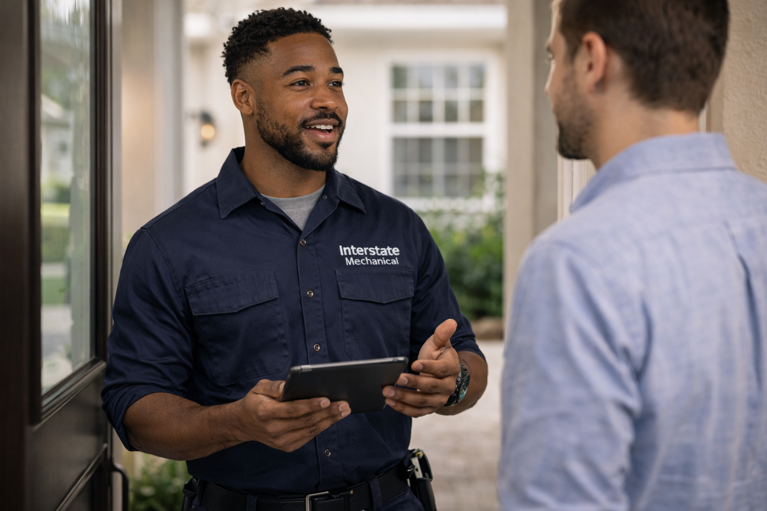 Professional HVAC representative speaking with customer at a residential property