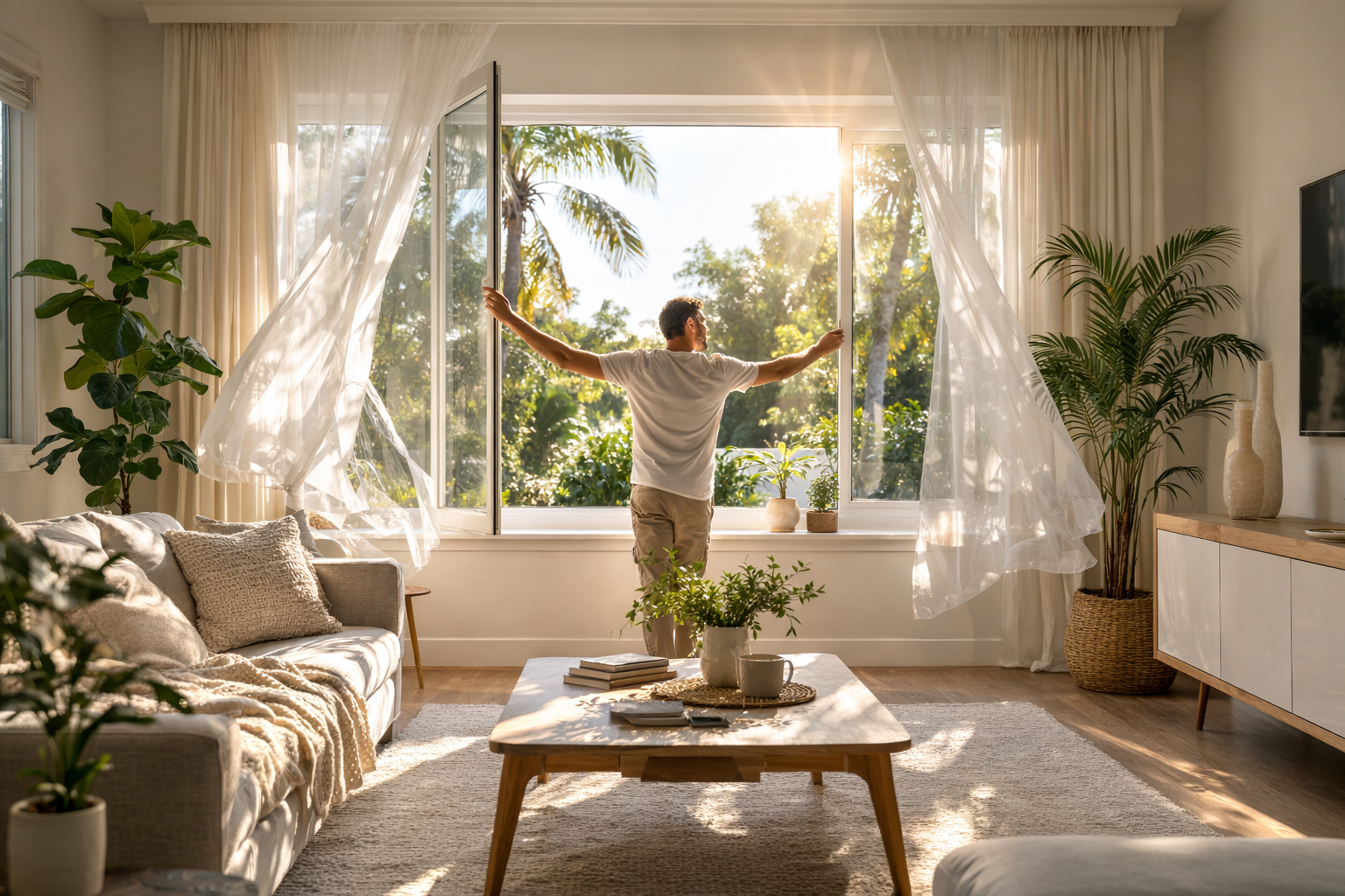 Bright healthy indoor living room with fresh breathable air