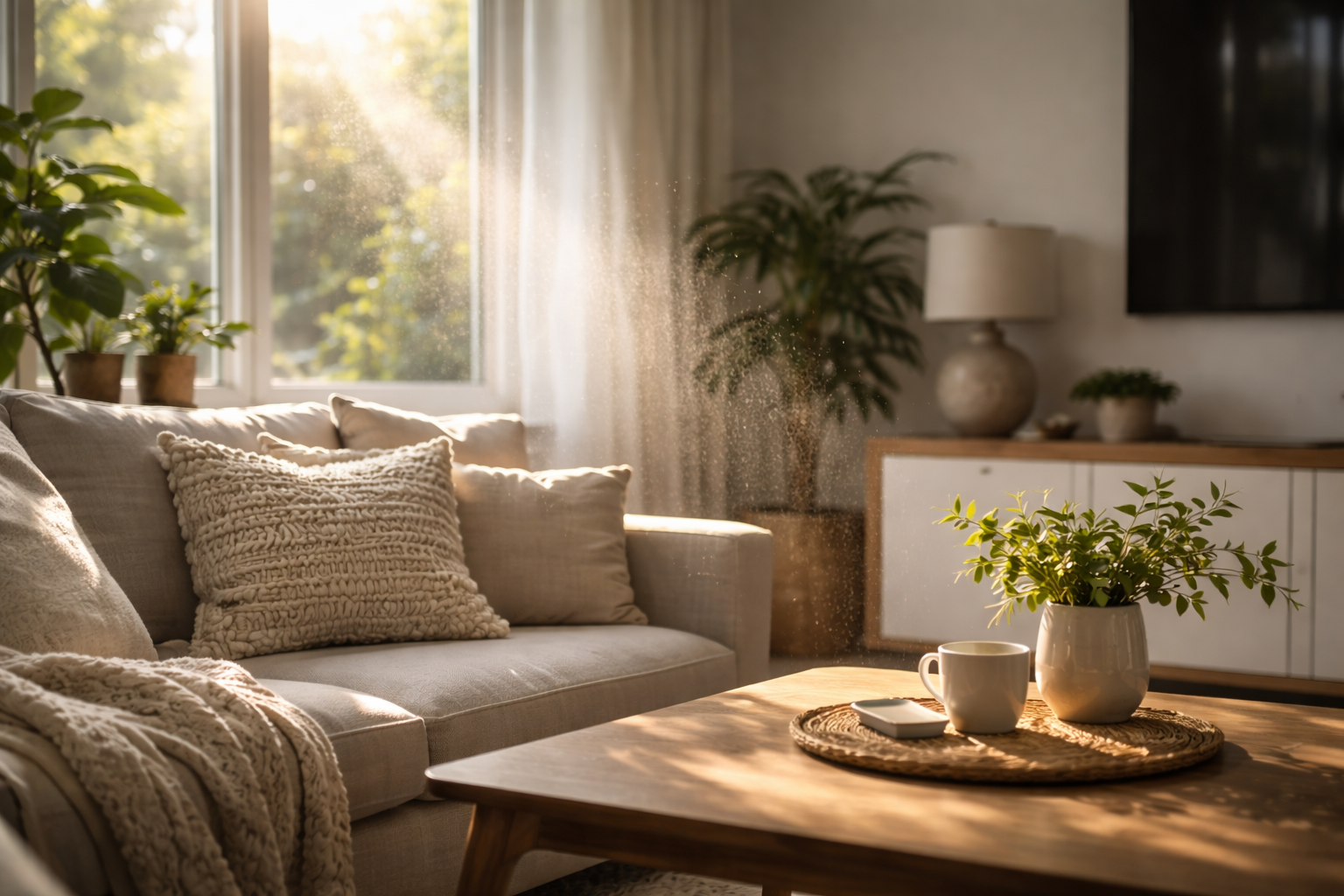 Bright healthy home interior with clean breathable indoor air