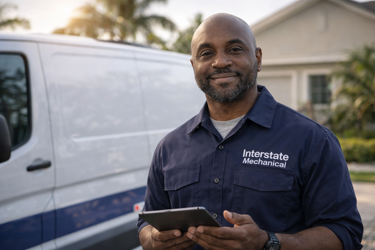 Professional Interstate Mechanical technician standing in front of service vehicle in a residential setting