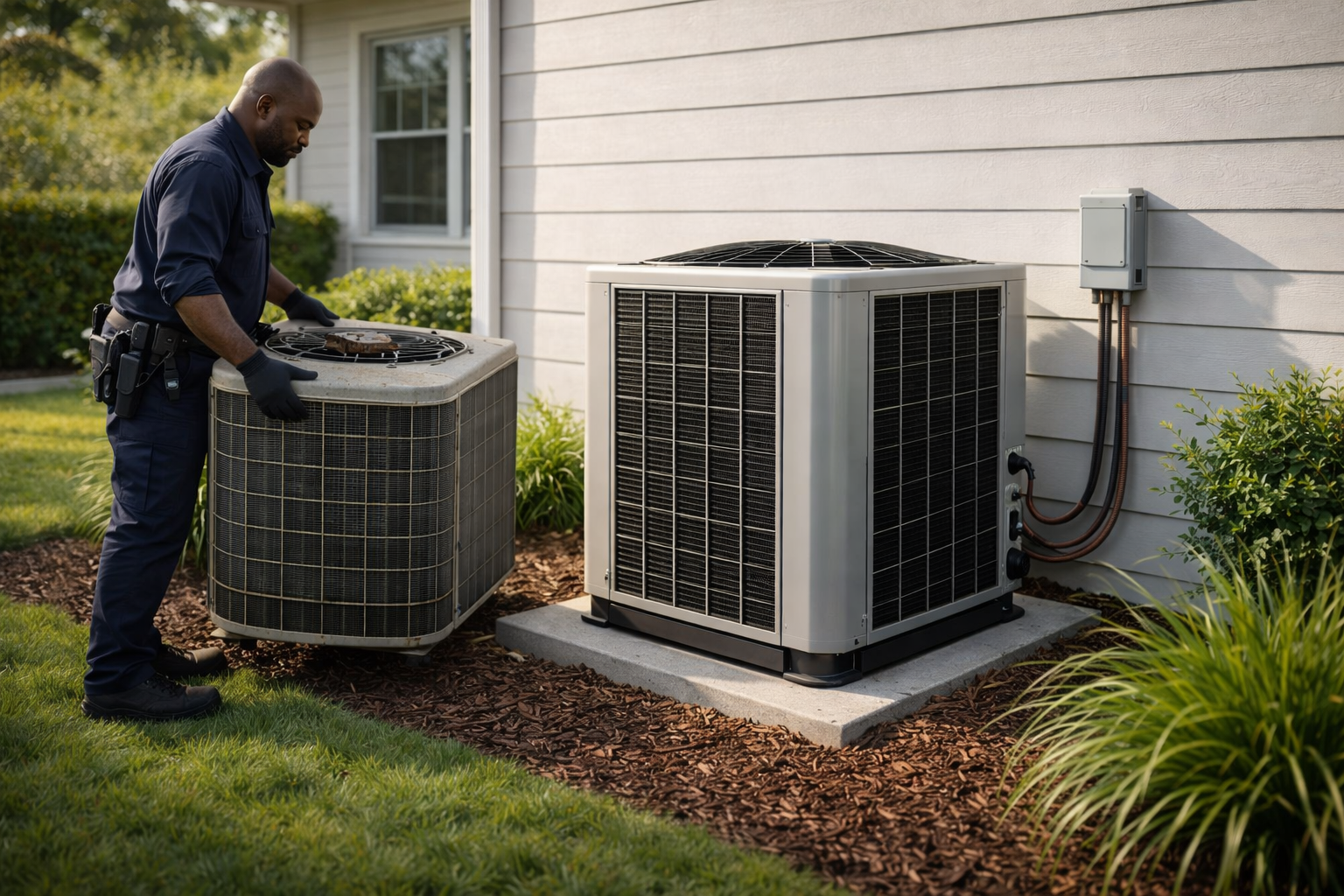 AC replacement technician installing new condenser system