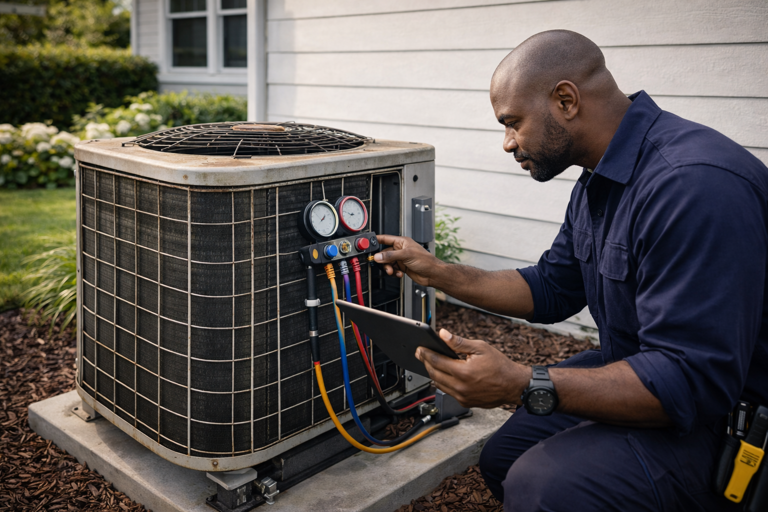 Modern AC installation scene with technician and new condenser unit