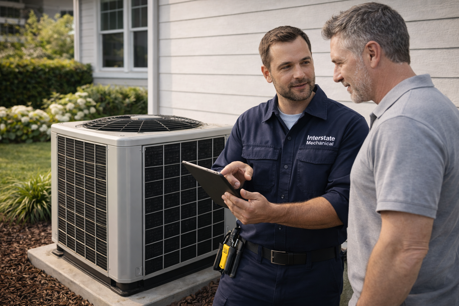 HVAC technician reviewing a clean AC installation