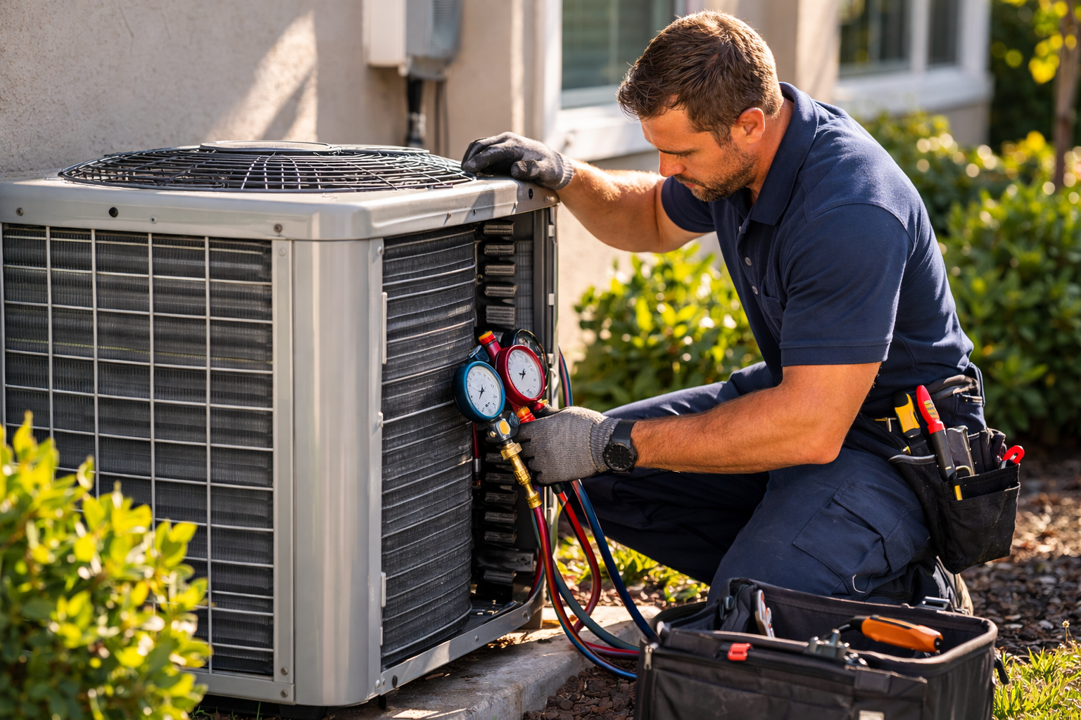 HVAC technician inspecting and maintaining an AC condenser system