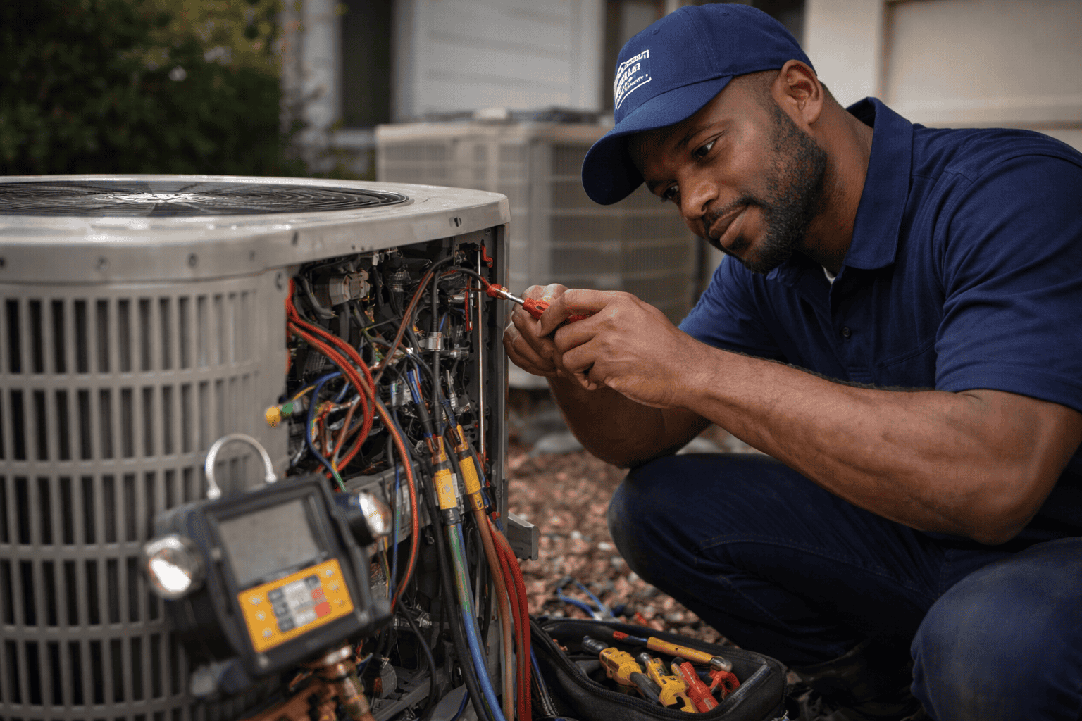 Emergency HVAC technician responding to an urgent service call