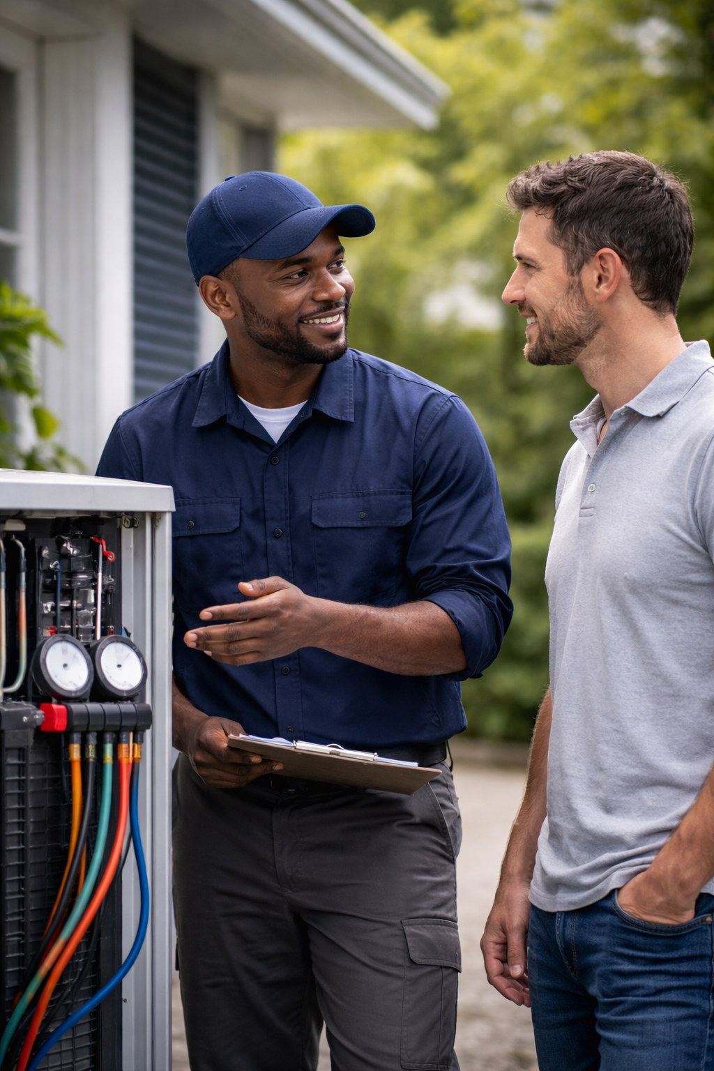 HVAC technician speaking with a homeowner beside an AC unit